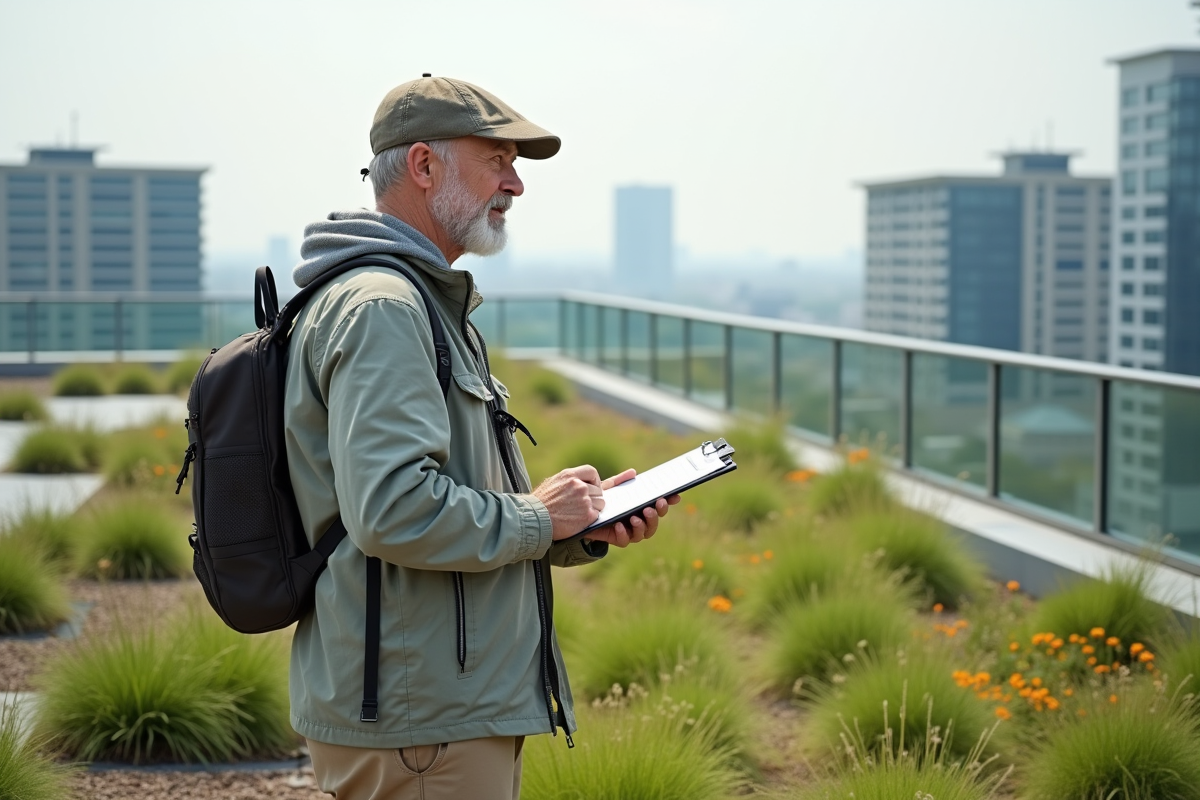 Architecte sur un toit vert urbain examine la végétation