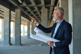 Architecte homme en costume pointant une poutre en construction