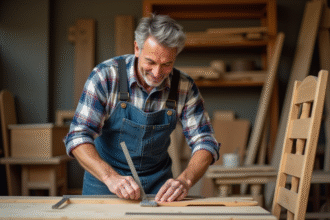 Artisan menuisier mesurant une chaise en bois avec précision