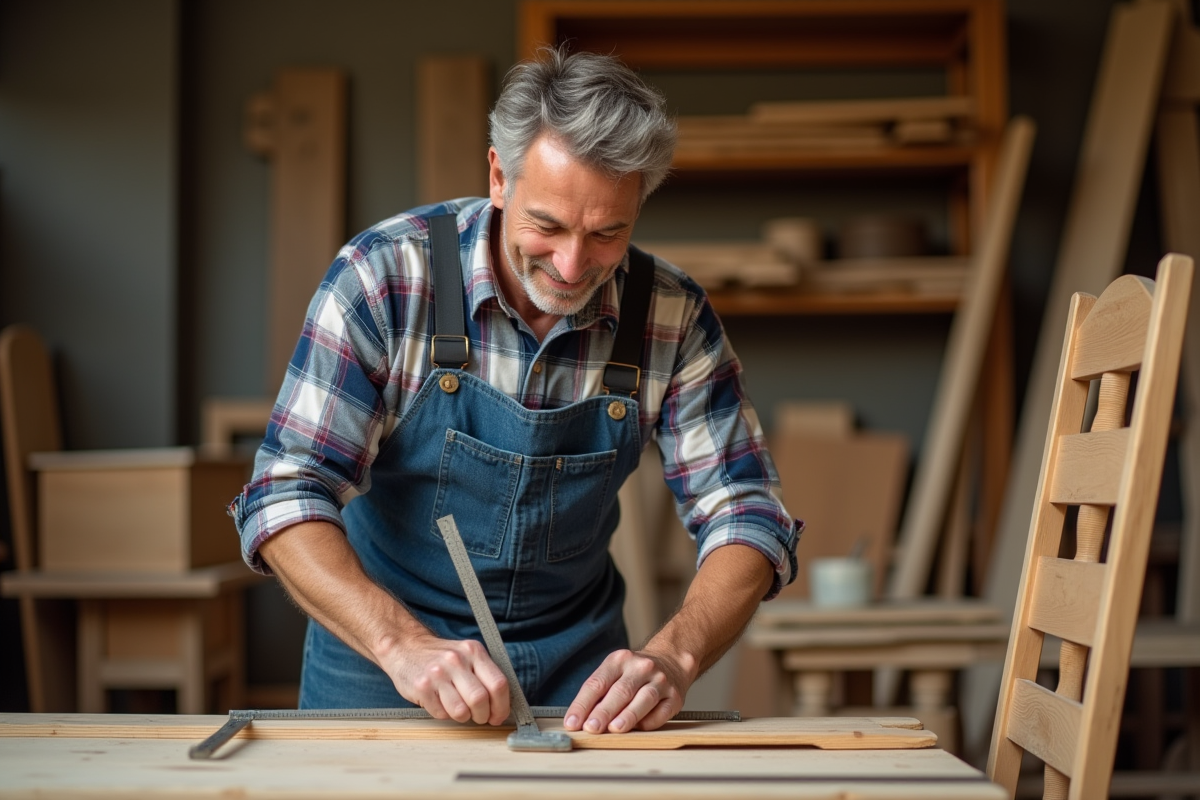 Artisan menuisier mesurant une chaise en bois avec précision