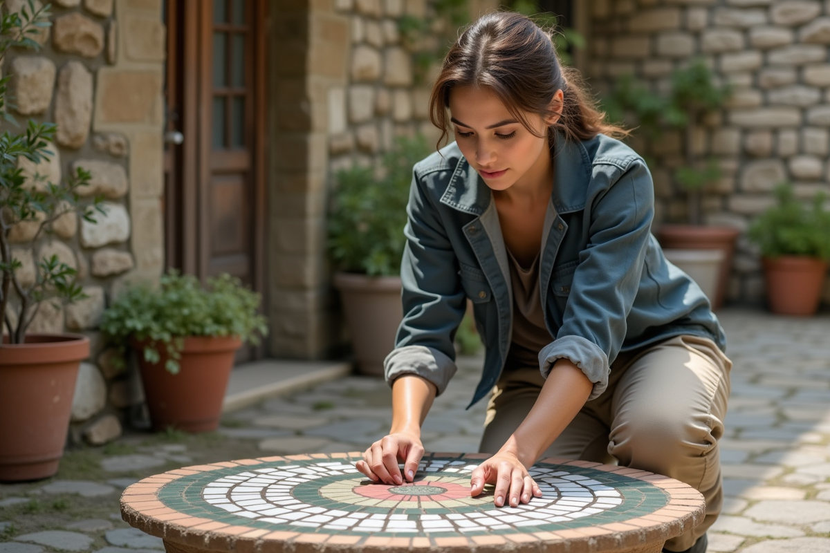 Jeune artisane posant des mosaïques sur une table extérieure