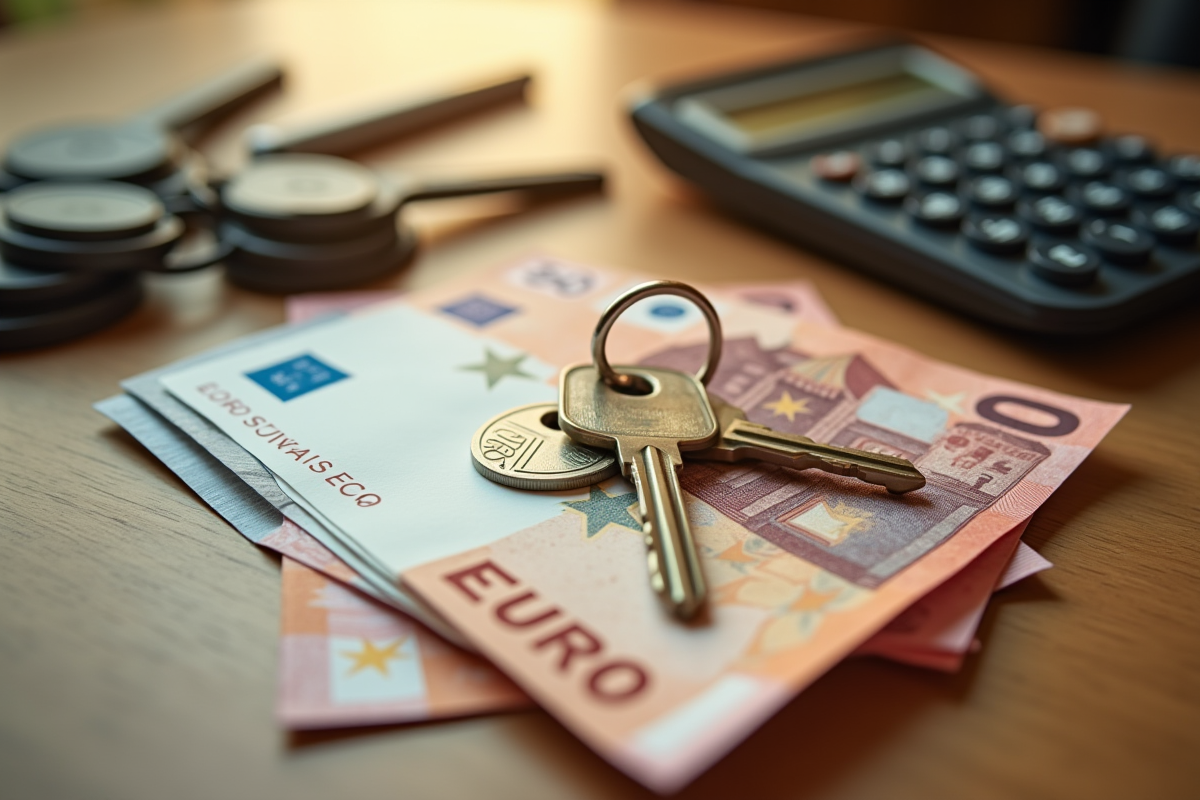 Billets d euros clés et calculatrice sur un bureau en bois