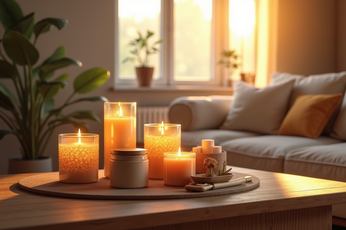 Salon cosy avec bougies parfumées élégantes ambiance chaleureuse