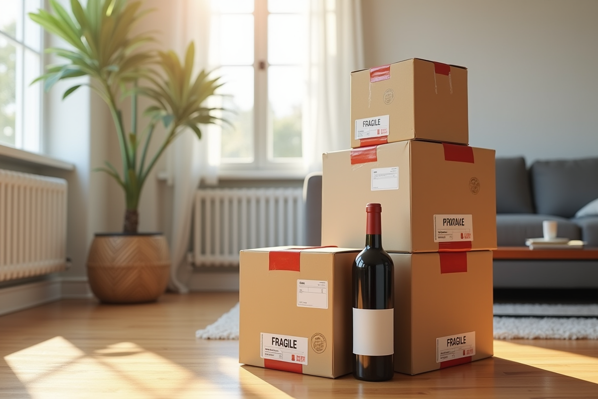 Caisses de déménagement scellees avec bouteilles de vin protégées