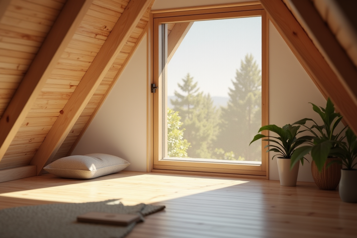 Chambre moderne avec fenêtre de toit et moustiquaire