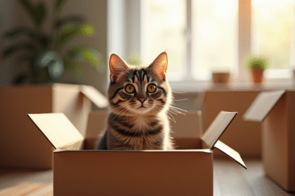 Chat tigré inquiet dans une boîte en carton