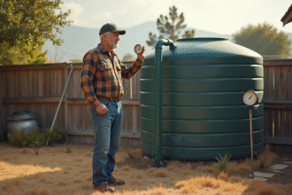 Homme en vêtements de travail vérifiant un pluviomètre dans un jardin californien sec