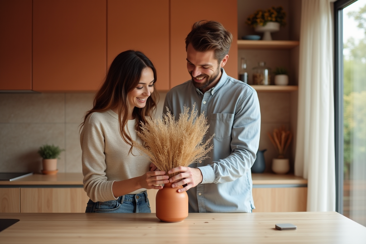Jeune couple arrangeant des fleurs en terracotta