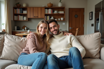 Couple souriant assis dans un salon moderne chaleureux