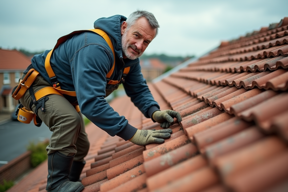 Couvreur middleaged retirant tuiles en terre cuite sur toit résidentiel