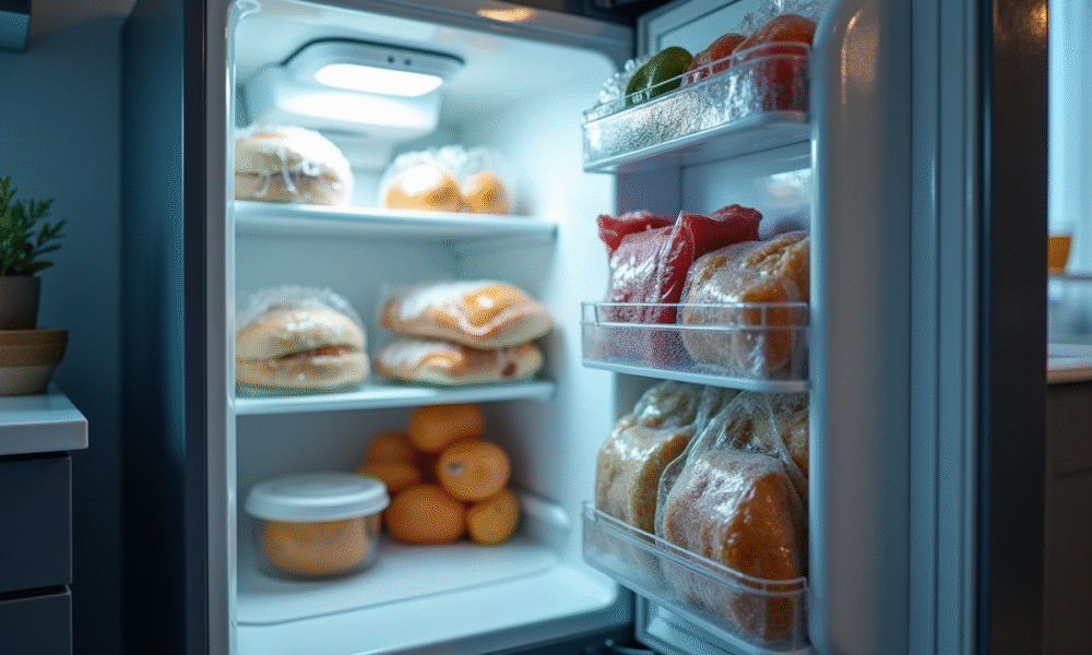 Scène de cuisine avec un congélateur ouvert laissant voir la glace fondre