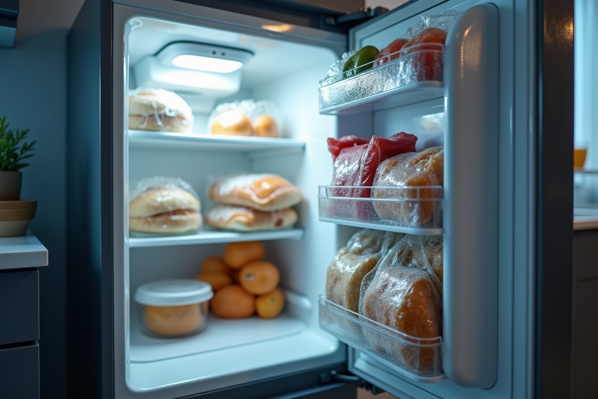 Scène de cuisine avec un congélateur ouvert laissant voir la glace fondre