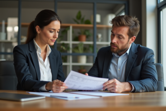 Femme et homme discutant d'un devis dans un bureau professionnel