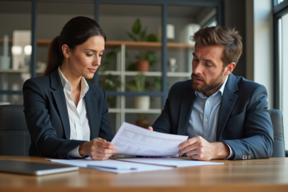 Femme et homme discutant d'un devis dans un bureau professionnel