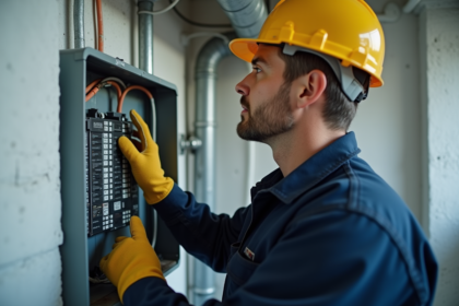 Électricien homme en tenue de travail examine un panneau électrique intérieur