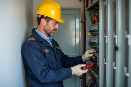 Électricien vérifiant un panneau électrique moderne en intérieur