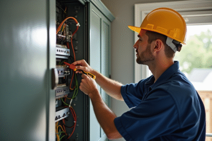 Électricien qualifié travaillant sur un panneau électrique moderne