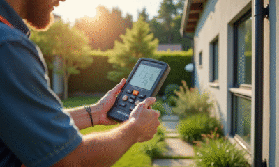 Électricien utilisant un testeur de terre à l'extérieur d'une maison moderne