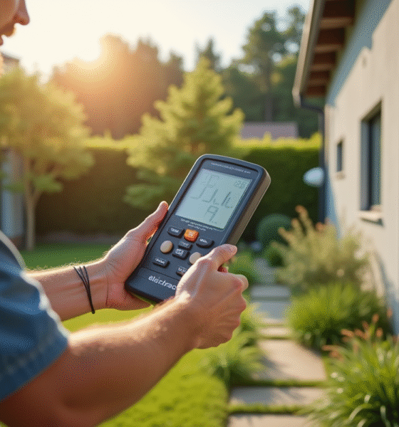 Électricien utilisant un testeur de terre à l'extérieur d'une maison moderne