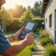 Électricien utilisant un testeur de terre à l'extérieur d'une maison moderne