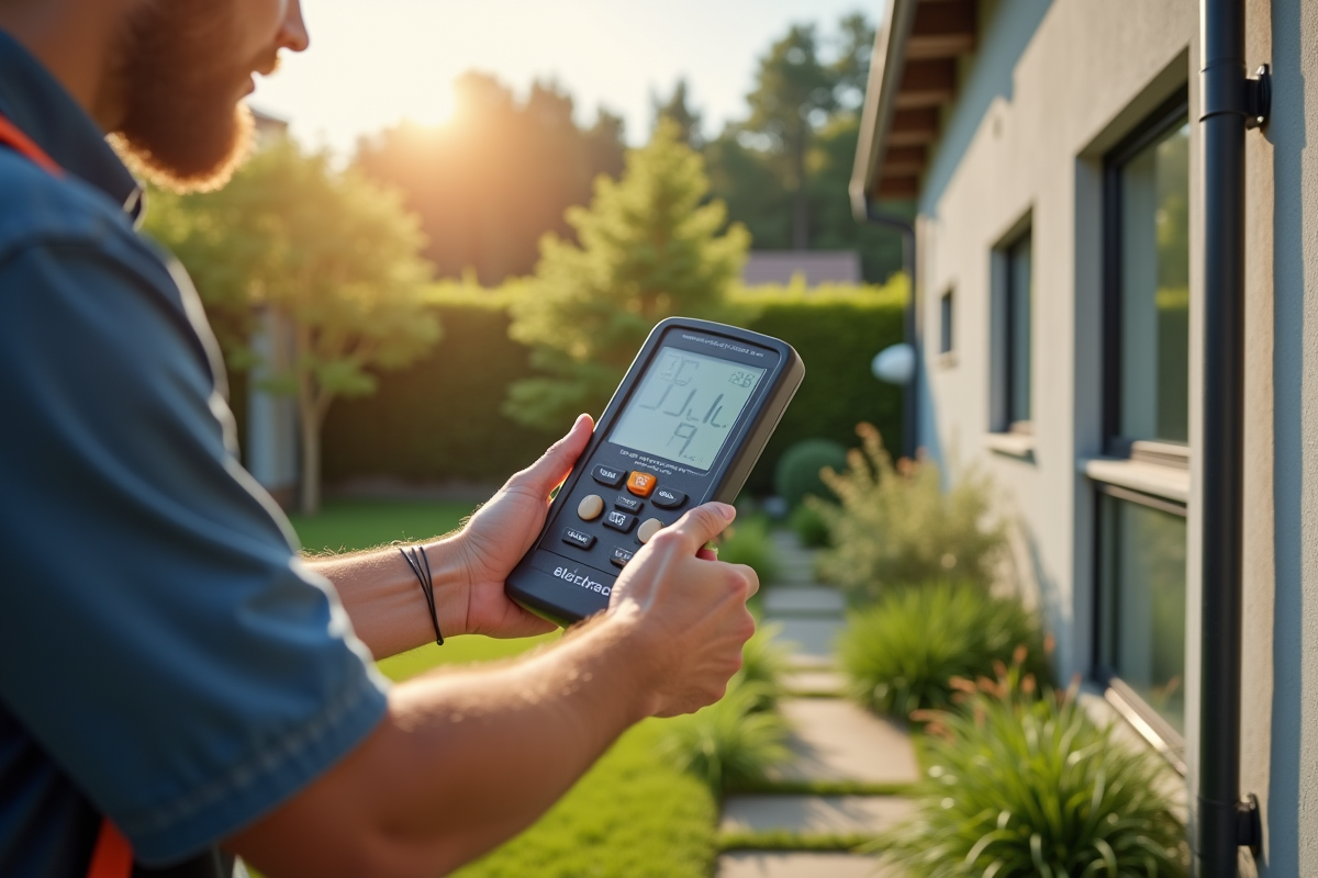 Électricien utilisant un testeur de terre à l'extérieur d'une maison moderne