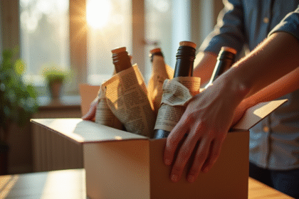 Main plaçant des bouteilles de vin dans une boîte en carton