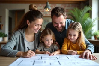 Famille urbaine discutant plans avec architecte dans appartement lumineux
