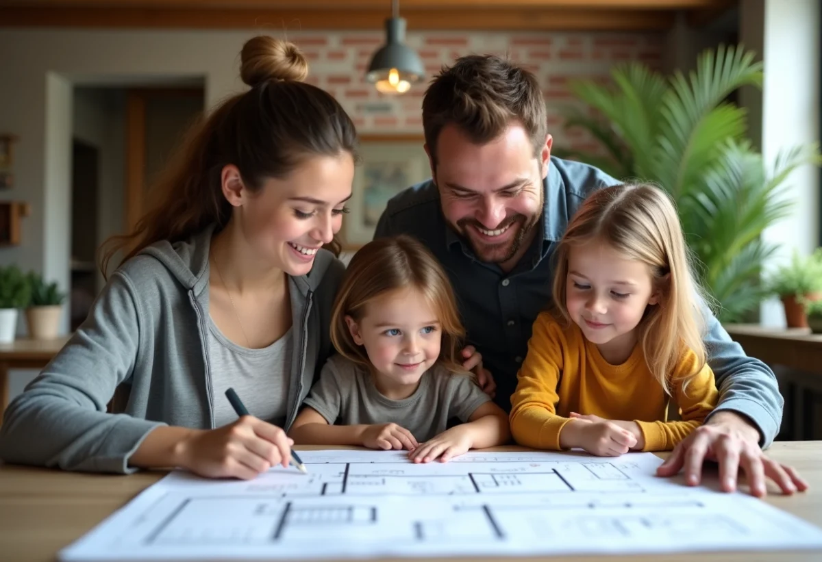 Famille urbaine discutant plans avec architecte dans appartement lumineux
