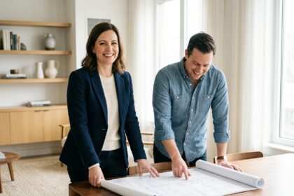 Femme confiante en intérieur moderne avec plan