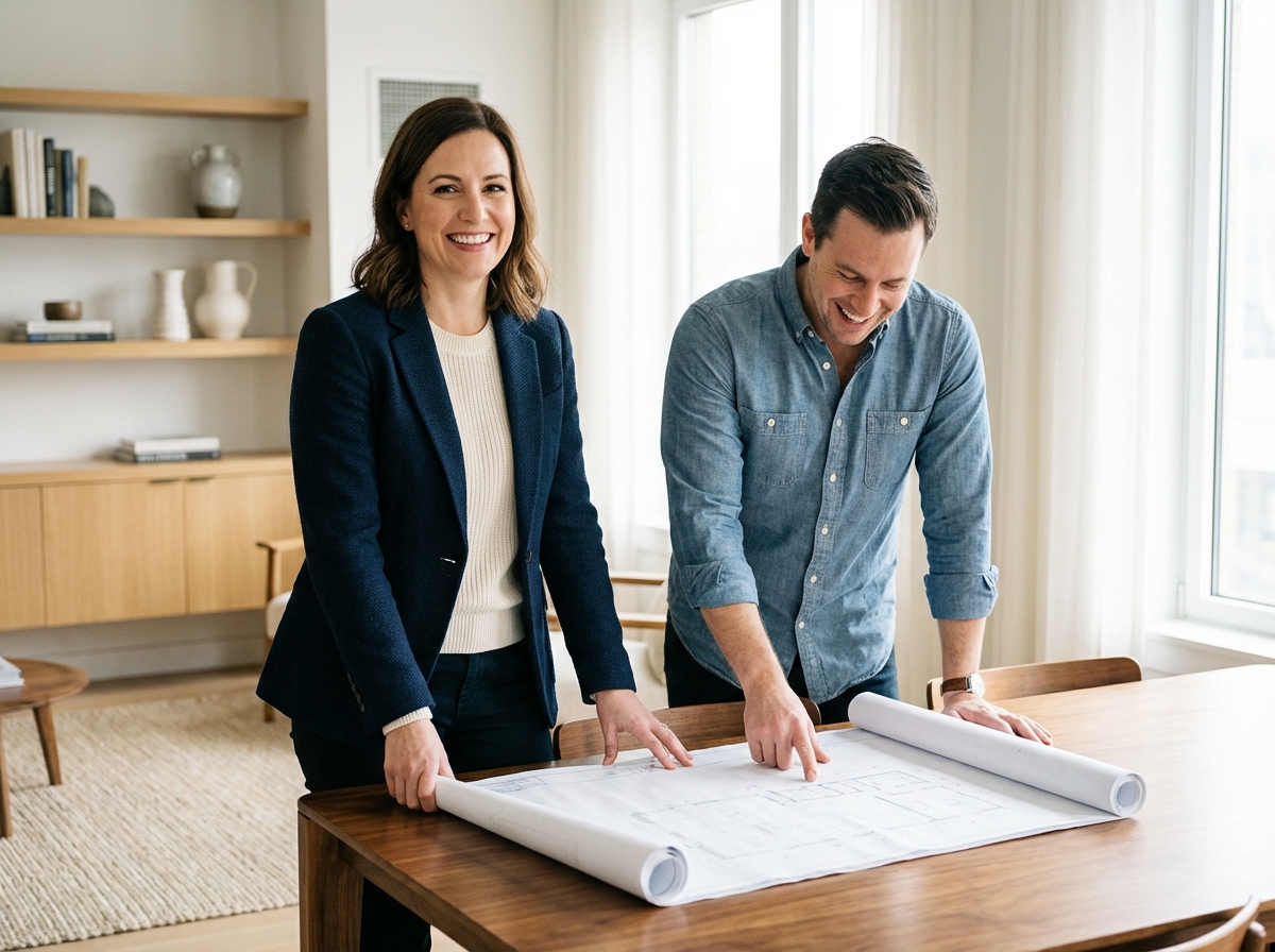 Femme confiante en intérieur moderne avec plan