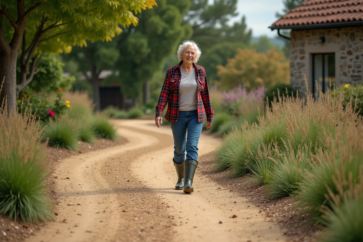 Femme âgée marche sur un chemin en terre et écorce