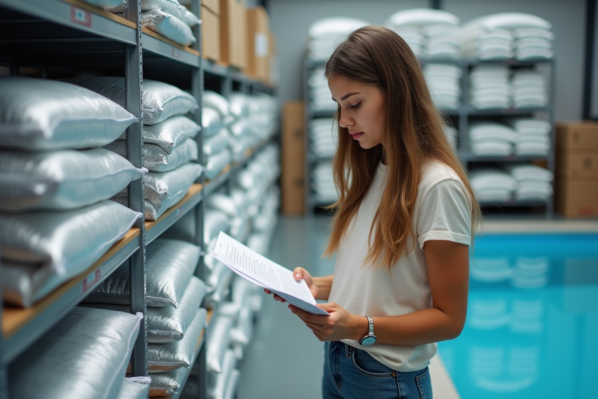Jeune femme lisant un guide filtre piscine en magasin