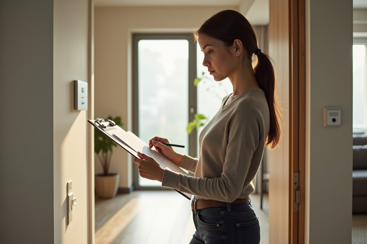 Jeune femme examinant des documents électriques dans un appartement