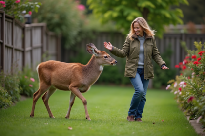 Femme guidant un cerf dans son jardin paisible