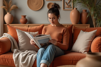 Femme assise dans un salon aux accents terracotta