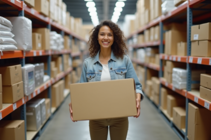 Femme souriante avec carton dans rayon magasin