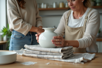 Femme emballant une porcelaine dans une cuisine lumineuse