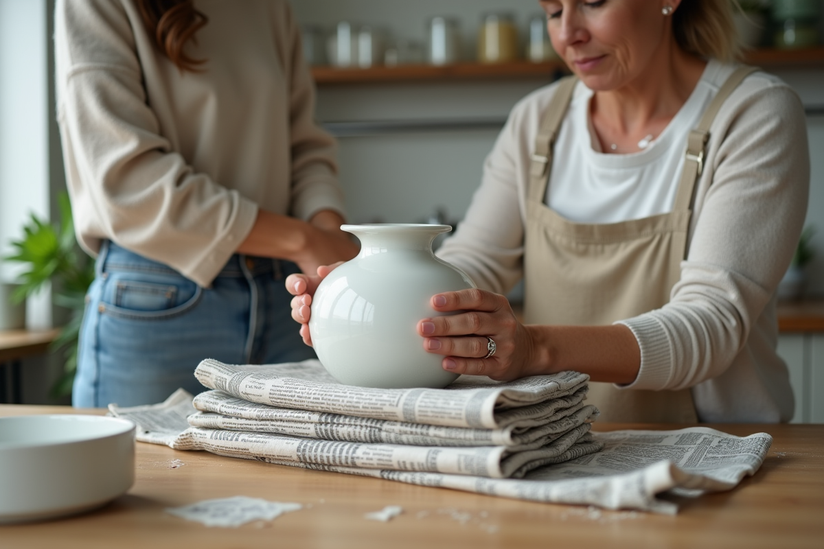 Femme emballant une porcelaine dans une cuisine lumineuse
