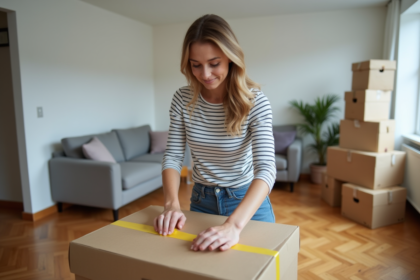 Jeune femme emballant un carton dans un appartement moderne