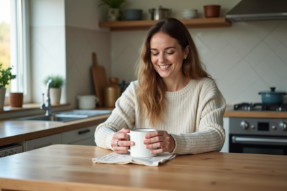 Femme emballant une tasse en tissu dans une cuisine moderne