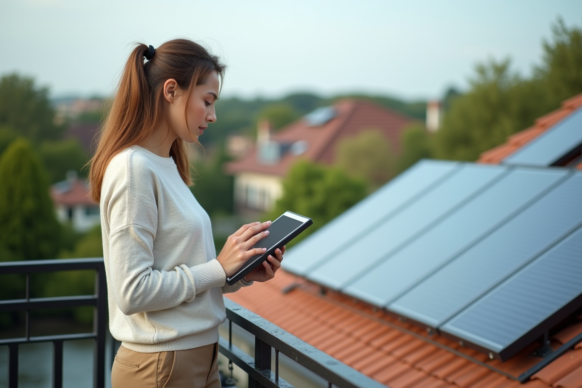 Femme vérifiant des panneaux solaires sur un toit urbain