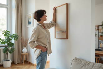 Femme suspendant une peinture abstraite dans un salon moderne