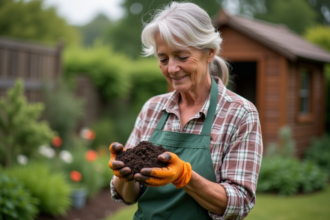 Femme en jardinage examinant du terreau dans le jardin
