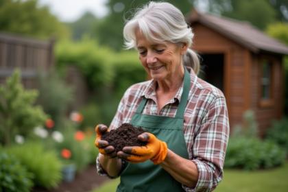 Femme en jardinage examinant du terreau dans le jardin