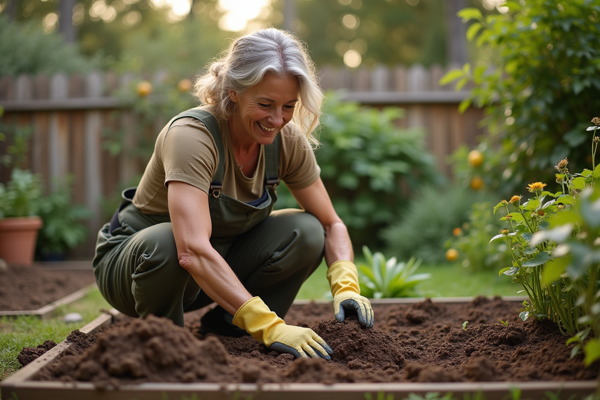 Femme d'âge moyen en vêtements de jardinage dans un jardin luxuriant