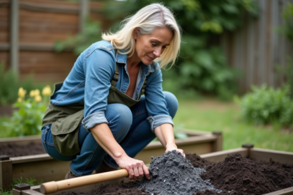 Femme mélangeant de la cendre dans un composteur dans le jardin