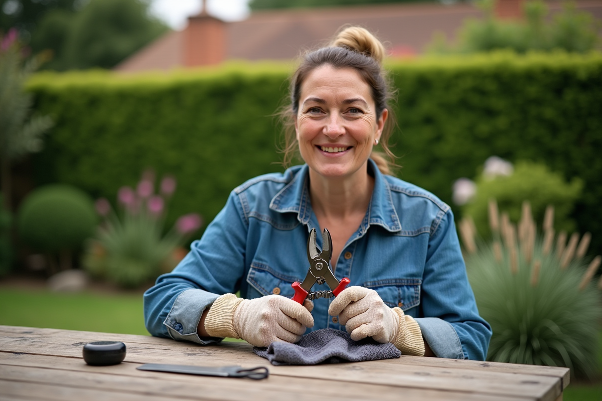 Femme en chemise en denim nettoyant des sécateurs de jardin