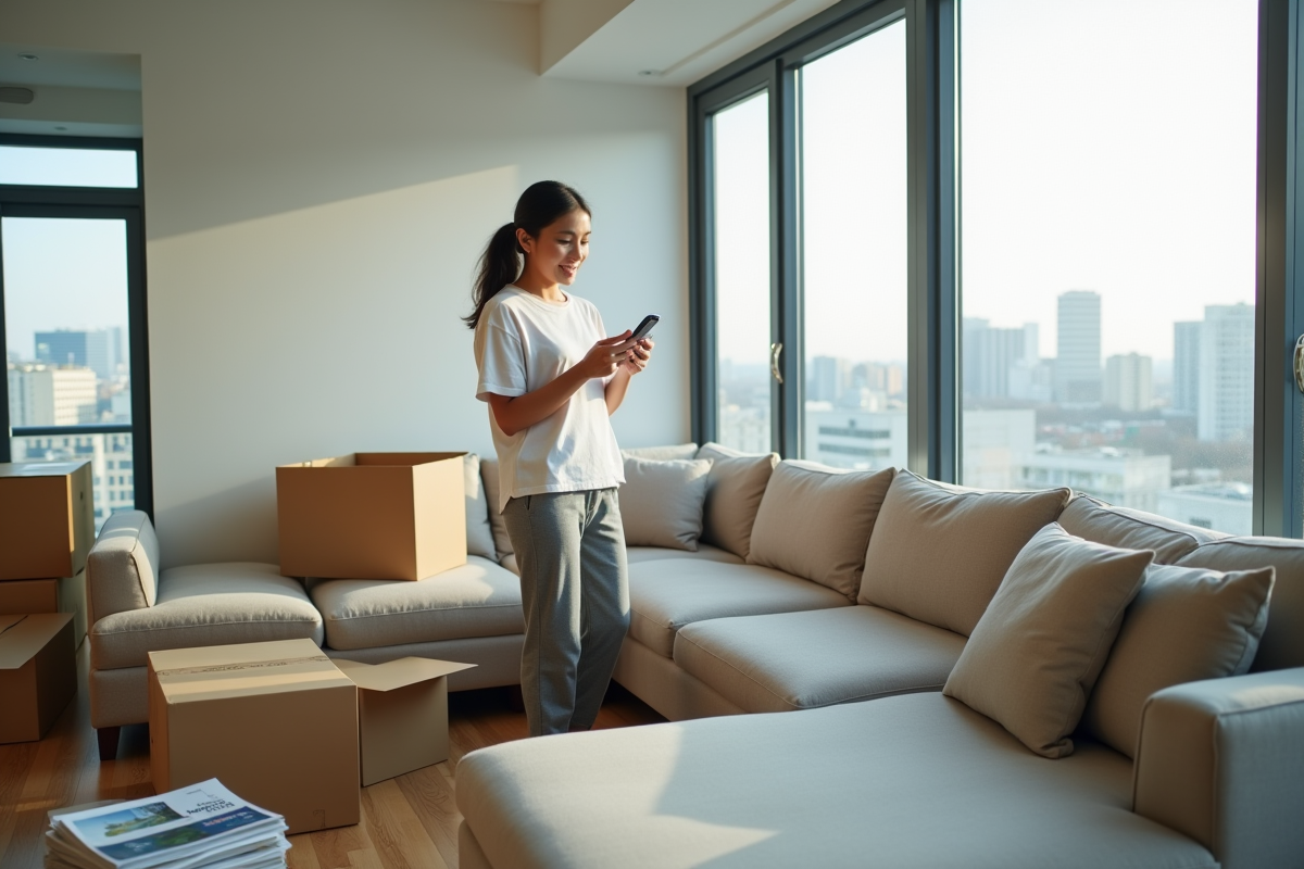 Jeune femme utilisant son smartphone pour organiser le ramassage du canapé