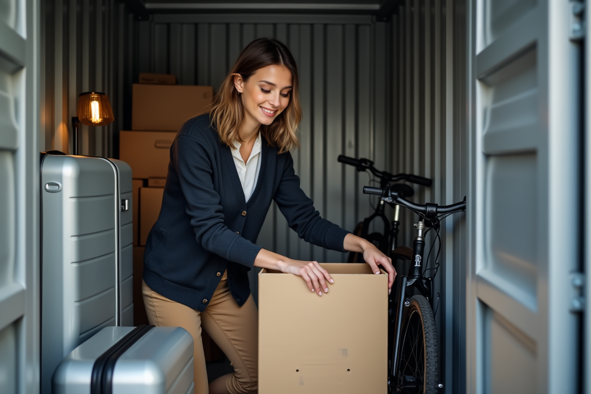 Jeune femme organisant des objets dans un conteneur