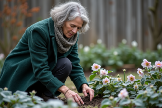 Femme en manteau vert plantant des hellebores en hiver